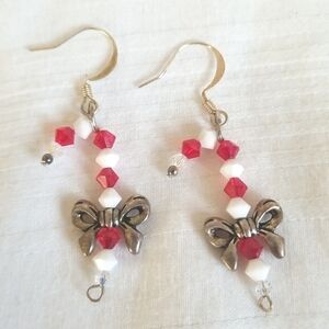 Silver Bow Candy Cane Earrings